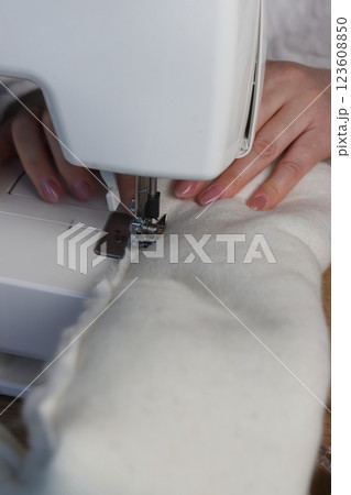 A woman is working at a sewing machine. She is sewing a pet bed from fur fabric. She is fitting the side of the bed. A woman is working at a sewing machine. She is sewing a pet bed from fur fabric. She is fitting the side of the bed. 123608850