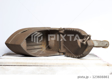 Old iron, heated by hot coals. Opened coal compartment. Located on the a wooden box. 123608861