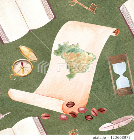 Black coffee beans, a map, compass of Brazil seamless pattern in watercolor on green background. Hand drawn art great for packages, cards, containers, cafe menu, ads, labels and logo design. Adventure Black coffee beans, a map, compass of Brazil seamless pattern in watercolor on green background. Hand drawn art great for packages, cards, containers, cafe menu, ads, labels and logo design. Adventure 123608972