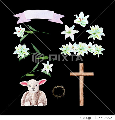 Wooden cross, lamb, crown of thorns, lilies and ribbon banner watercolor set isolated on black. Illustrations perfect for Easter, Holy Thursday, christening baptism, wedding cards, stickers decor 123608992