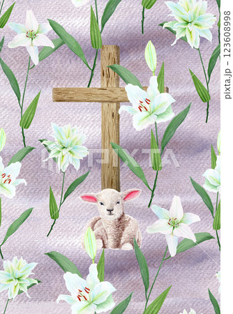 Wooden cross with crown of thorns, lily garland and a lamb watercolor seamless pattern on textured purple. Illustration perfect for Easter, Holy Thursday, baptism, wedding cards, stickers decor design 123608998