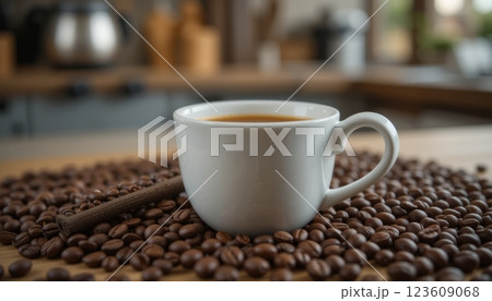 Close-Up of a Coffee Cup with Coffee Beans on a Cafe Counter Close-Up of a Coffee Cup with Coffee Beans on a Cafe Counter 123609068