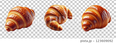 Three croissants are displayed on a white background, highlighting their rich, flaky layers and golden brown crust. The baked goods exhibit tempting shapes and textures, inviting enjoyment 123609092