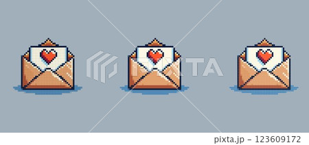 Pixel art of an open envelope with a white letter inside adorned with a red heart, on a light blue background, symbolizing Valentine's Day. 123609172