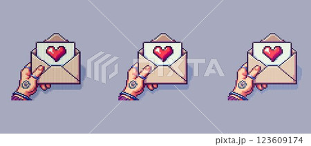 Pixel art of a hand holding an open envelope with a red heart inside on a light purple background for Valentine's Day. Pixel art of a hand holding an open envelope with a red heart inside on a light purple background for Valentine's Day. 123609174