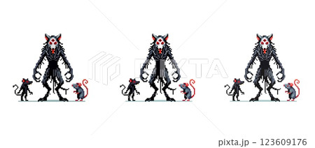 Pixel art depicting a menacing wererat with two smaller rats on either side creating a dark fantasy scene. Pixel art depicting a menacing wererat with two smaller rats on either side creating a dark fantasy scene. 123609176