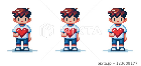 Pixel art of a character with short brown hair, wearing a white t-shirt, blue shorts and white sneakers, holding a red heart. Pixel art of a character with short brown hair, wearing a white t-shirt, blue shorts and white sneakers, holding a red heart. 123609177