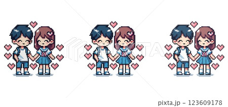 Pixel art of a couple in love holding hands surrounded by pink hearts. Pixel art of a couple in love holding hands surrounded by pink hearts. 123609178