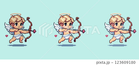Pixel art of a cute cupid angel with heart-tipped arrow flying in the sky, symbolizing love and romance. Pixel art of a cute cupid angel with heart-tipped arrow flying in the sky, symbolizing love and romance. 123609180