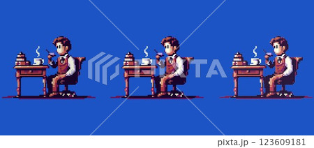 Pixel art character sitting at a desk with a steaming coffee and stack of books in a cozy indoor setting Pixel art character sitting at a desk with a steaming coffee and stack of books in a cozy indoor setting 123609181