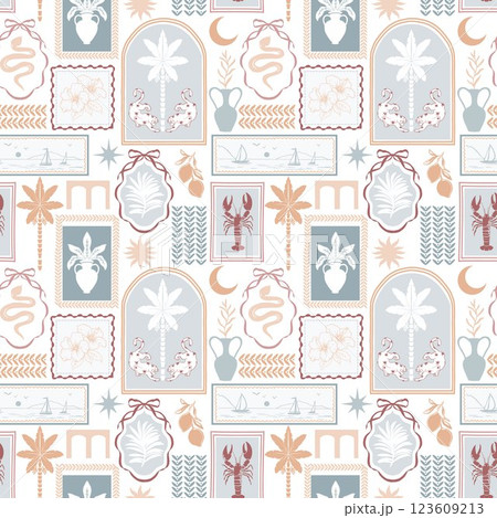 Patchwork vector tropical pattern featuring silhouettes of arches and frames, palm trees, hibiscus, palm leaves, leopards, and elegant vintage vases. Includes whimsical elements and bow Patchwork vector tropical pattern featuring silhouettes of arches and frames, palm trees, hibiscus, palm leaves, leopards, and elegant vintage vases. Includes whimsical elements and bow 123609213