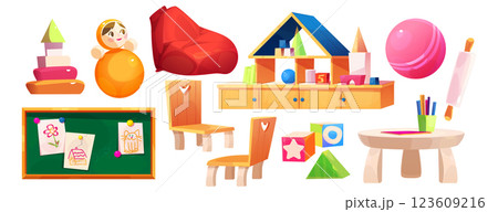 Kindergarten items with toys and wooden furniture Kindergarten items with toys and wooden furniture 123609216
