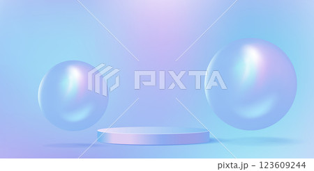 Hologram 3d stage with podium and floating balls. 123609244