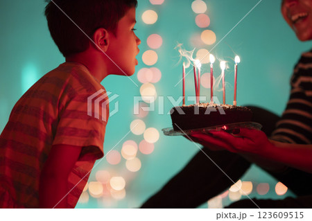 Boy blowing out candles on birthday cake held by parent 123609515