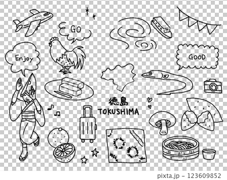 Tokushima hand-drawn illustration set 123609852