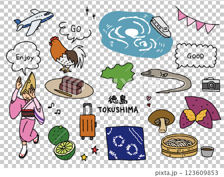 Tokushima hand-drawn illustration set 123609853