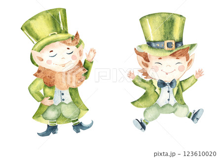 Cute Leprechaun set. Lucky dwarf Elf in a traditional green Hat and Costume in cartoon style. Hand drawn Watercolor illustration isolated on a white background. For St. Patrick's Day, Irish holidays Cute Leprechaun set. Lucky dwarf Elf in a traditional green Hat and Costume in cartoon style. Hand drawn Watercolor illustration isolated on a white background. For St. Patrick's Day, Irish holidays 123610020