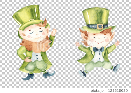 Cute Leprechaun set. Lucky dwarf Elf in a traditional green Hat and Costume in cartoon style. Hand drawn Watercolor illustration isolated on a white background. For St. Patrick's Day, Irish holidays 123610020