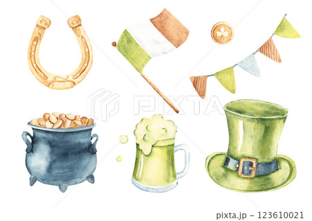 St Patricks day design elements set. Irish Flag, Pot or Cauldron with Gold coins, Leprechaun green Hat, Ale Mug, Golden Horseshoe and Bunting Party Flags. Hand drawn Watercolor illustration isolated St Patricks day design elements set. Irish Flag, Pot or Cauldron with Gold coins, Leprechaun green Hat, Ale Mug, Golden Horseshoe and Bunting Party Flags. Hand drawn Watercolor illustration isolated 123610021
