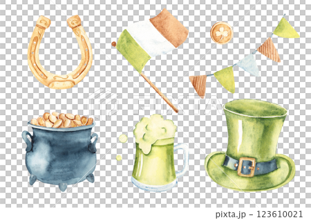 St Patricks day design elements set. Irish Flag, Pot or Cauldron with Gold coins, Leprechaun green Hat, Ale Mug, Golden Horseshoe and Bunting Party Flags. Hand drawn Watercolor illustration isolated St Patricks day design elements set. Irish Flag, Pot or Cauldron with Gold coins, Leprechaun green Hat, Ale Mug, Golden Horseshoe and Bunting Party Flags. Hand drawn Watercolor illustration isolated 123610021
