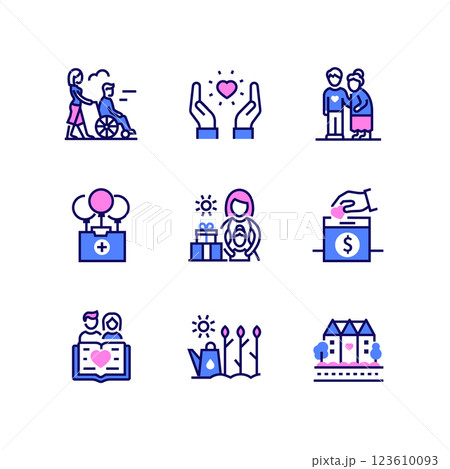 Volunteering and support - line design style icons set Volunteering and support - line design style icons set 123610093