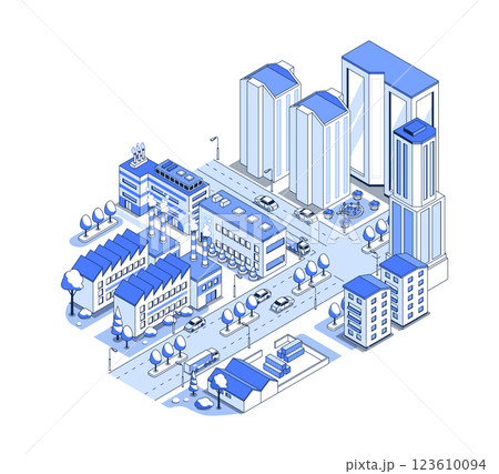 High-rise office buildings and factories - vector isometric illustration 123610094
