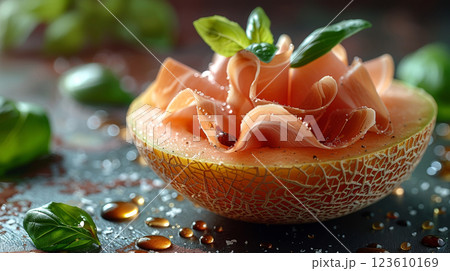 A slice of prosciutto wrapped around melon, levitating with small droplets of balsamic reduction and a basil leaf 123610169