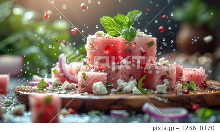 A watermelon cube with crumbled feta, mint leaf, arugula sprig, and red onion slice levitating against a neutral background 123610170