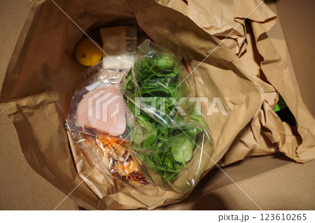 Groceries in brown paper bags with salad chicken. Modern services Groceries in brown paper bags with salad chicken. Modern services 123610265