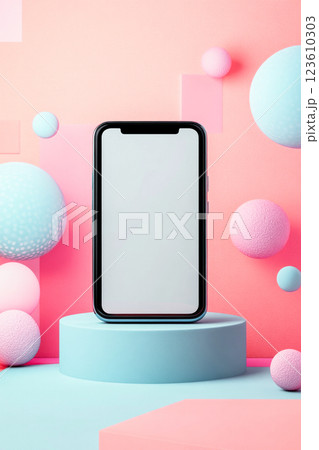 Mockup of phone with a blank white screen on a round podium surrounded by geometric shapes in pastel colors. Perfect for stylish promotions and offers 123610303