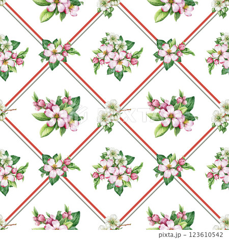 Springtime blooming apple tree flowers seamless pattern on white background watercolor illustration. Hand drawn tender blooms in elegant decoration element perfect for wrapping, spring season decor Springtime blooming apple tree flowers seamless pattern on white background watercolor illustration. Hand drawn tender blooms in elegant decoration element perfect for wrapping, spring season decor 123610542