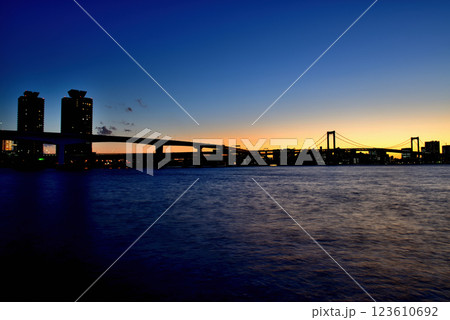 豊洲ぐるり公園 レインボーブリッジとマジックアワー 123610692