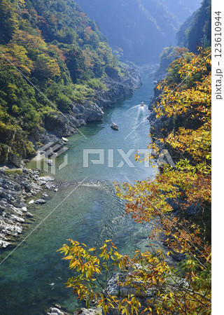 紅葉の大歩危峡を行き交う遊覧船 123610944