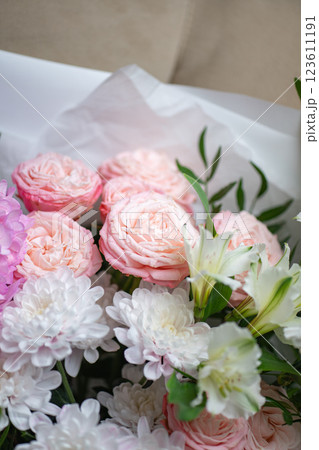 Beautiful bouquet of flowers. Vibrant Floral Arrangement Featuring a Variety of Colorful Blooms 123611191