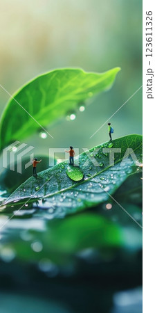 Miniature hikers exploring lush green leaf covered in dewdrops 123611326