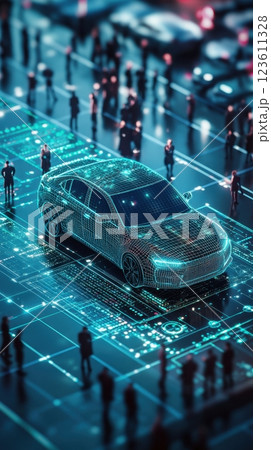 Engineers designing holographic vehicle in futuristic smart city Engineers designing holographic vehicle in futuristic smart city 123611328