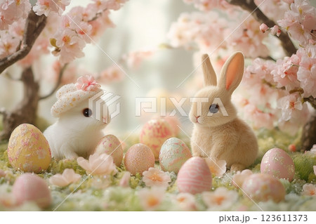 Adorable easter bunnies posing with colorful eggs under cherry blossoms 123611373