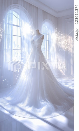 Elegant white wedding dress displayed in bright room with sparkling lights 123611374