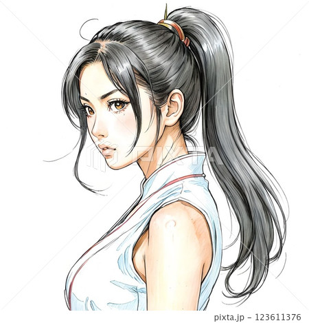 黒髪ポニーテールの女性(ノースリーブ) 黒髪ポニーテールの女性(ノースリーブ) 123611376