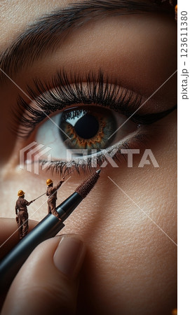 Miniature workers applying mascara on eyelashes with precision 123611380