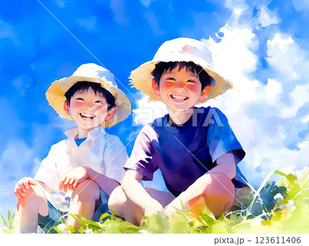 青空の下で微笑む少年たち-2 123611406