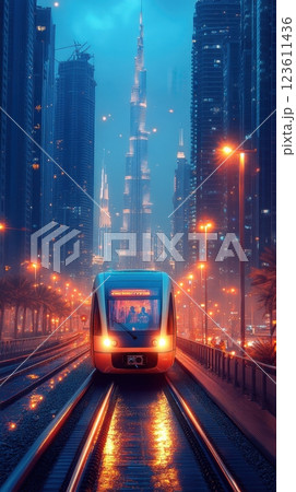 Futuristic tram passing by burj khalifa in dubai at dusk 123611436