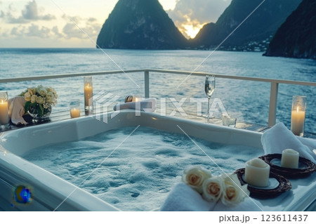 Relaxing in a hot tub overlooking the pitons at sunset in saint lucia 123611437