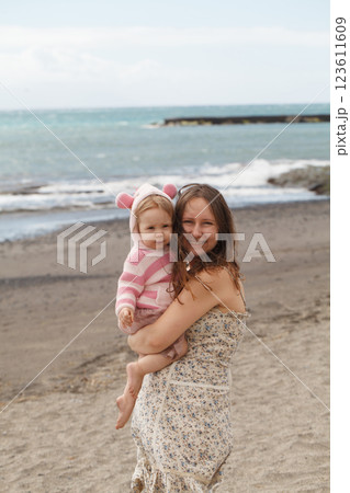 Happy family outdoors. Mother and daughter baby girl. Young woman and child one year old 123611609