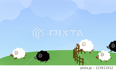 白い羊と黒い羊が青空の元、柵を越えてみんなで走り回っている風景イラスト 123611912