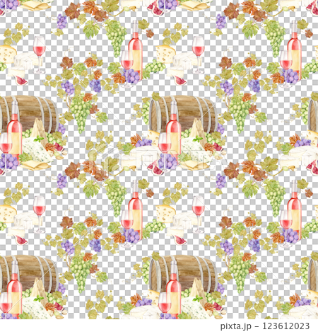 Seamless pattern with Pink wine and snack on a wooden barrel background. Bottle of light wine, glass of pink wine, grapes, brie and cheddar cheese, blue cheese with mold and figs. Watercolor. Seamless pattern with Pink wine and snack on a wooden barrel background. Bottle of light wine, glass of pink wine, grapes, brie and cheddar cheese, blue cheese with mold and figs. Watercolor. 123612023