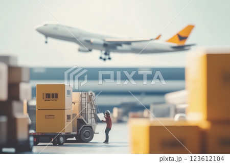 Logistics worker managing cardboard boxes with airplane taking off in background 123612104