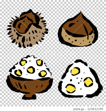 栗と栗ごはんとおにぎり 筆タッチ手描きイラストセット 栗と栗ごはんとおにぎり 筆タッチ手描きイラストセット 123612195