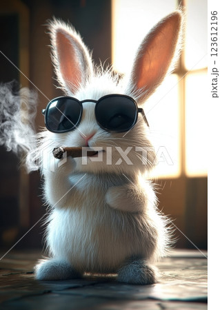 White fluffy bunny wearing sunglasses and smoking cigar White fluffy bunny wearing sunglasses and smoking cigar 123612196