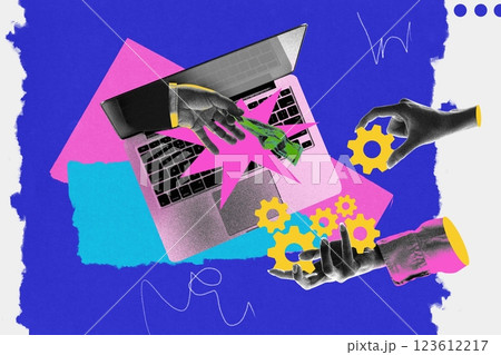 Monetization strategy. Hands exchange money through laptop, others assemble gears. Revenue generation 123612217
